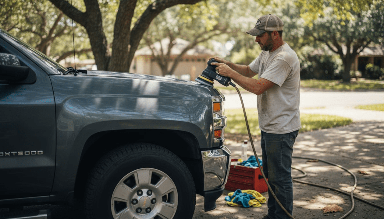 Chevy truck owner polishing paint outdoors