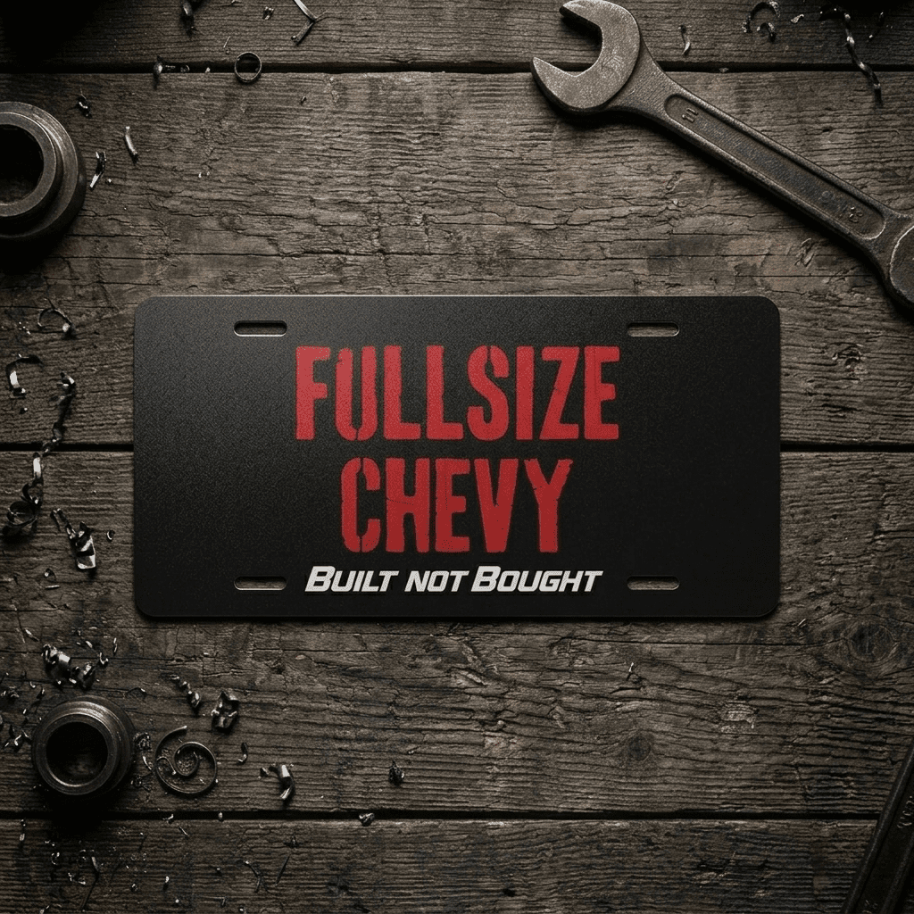 FullSizeChevy “Built not Bought” vanity plate on a workbench, gloss black aluminium with red lettering