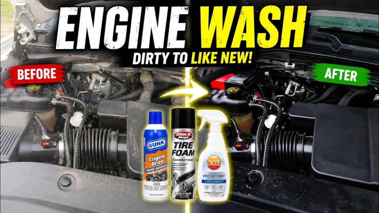 Before and after of a dirty Chevy truck engine bay cleaned with GUNK Engine Brite degreaser and dressed with Black Magic tire foam