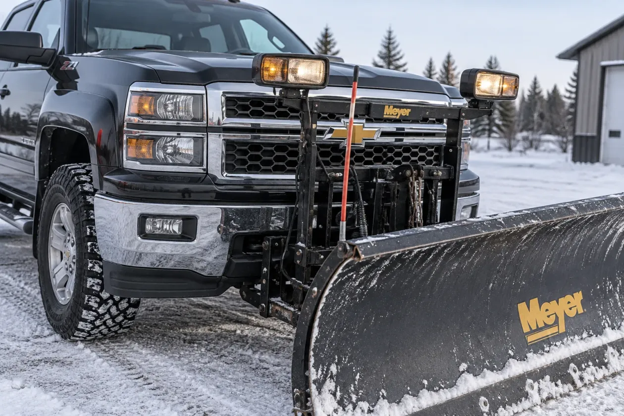 A truck with a plough mounted, or the front of a 4x4 showing the plough mount