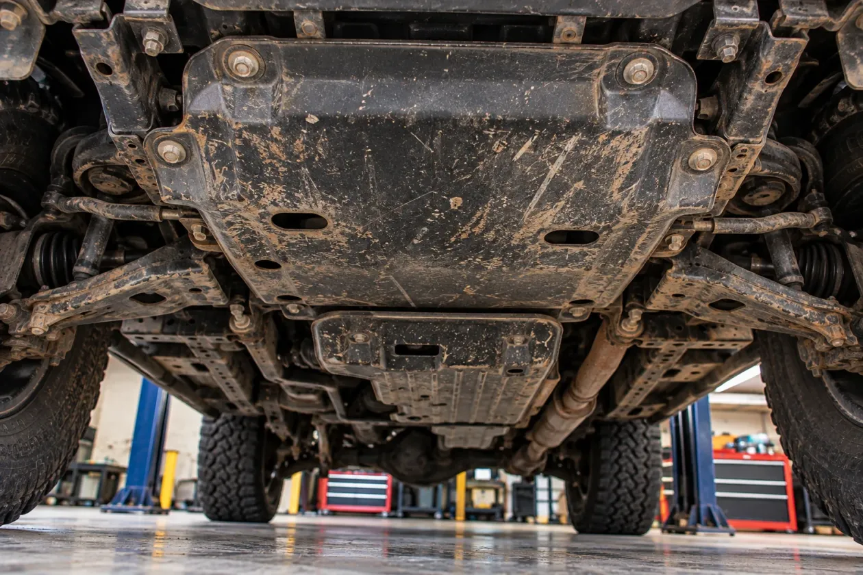 Factory skid plates bolted under the front of a four-wheel-drive Chevrolet truck