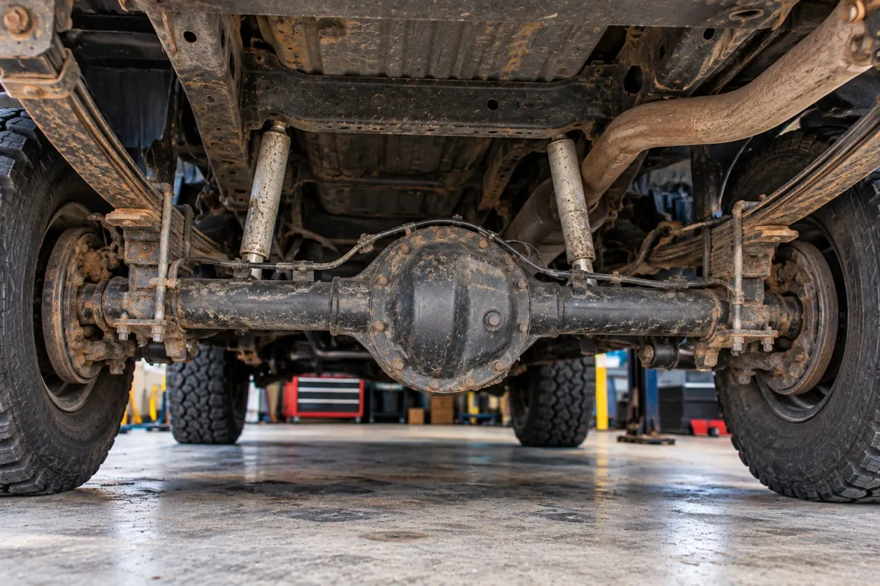 Rear axle assembly under a full-size Chevrolet truck