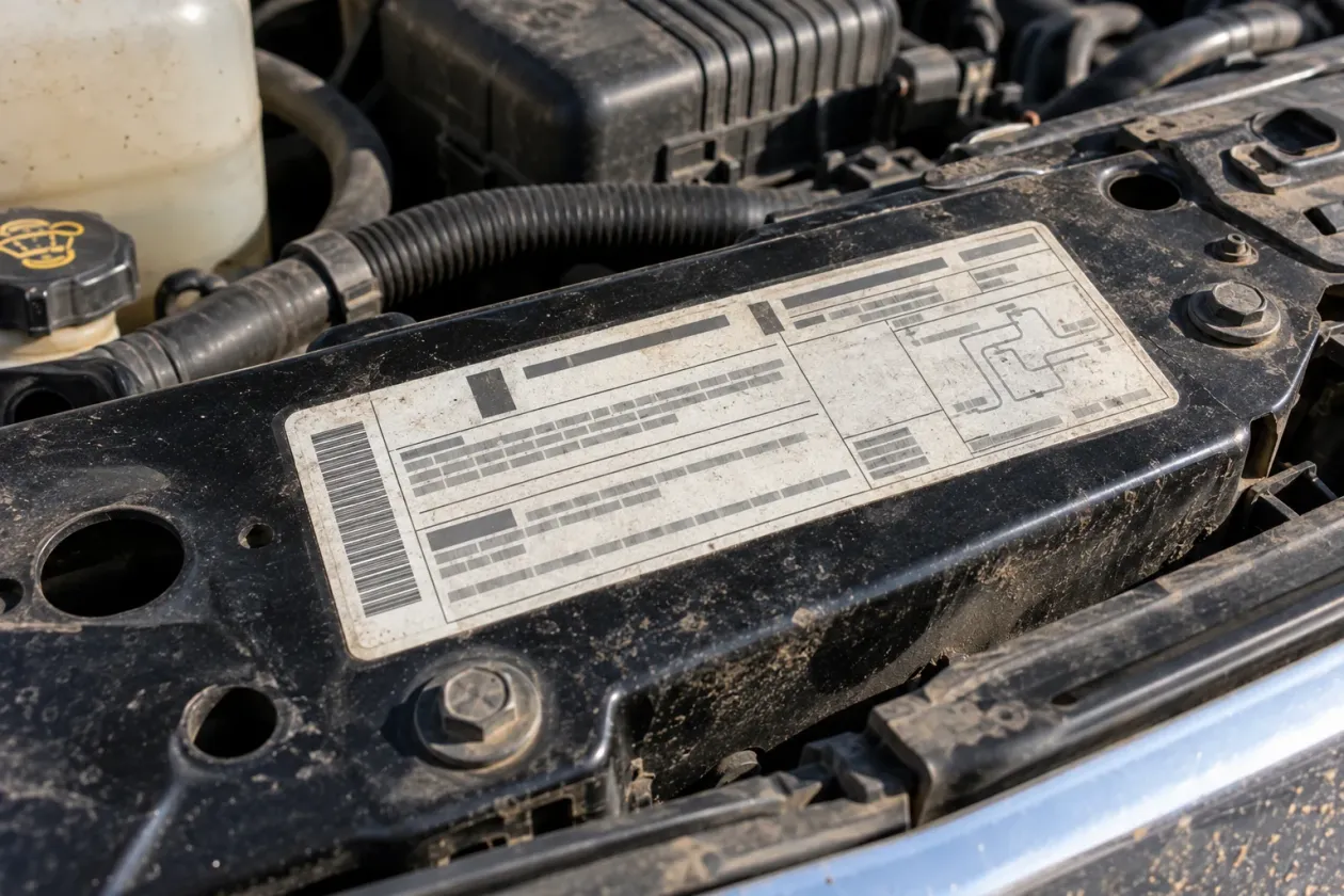 Vehicle emission control information label under the hood of a GM truck
